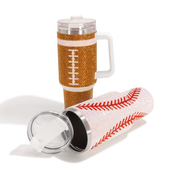 Football - Rhinestone Studded Print - 40oz Double Wall Stainless Steel Tumbler with Handle
