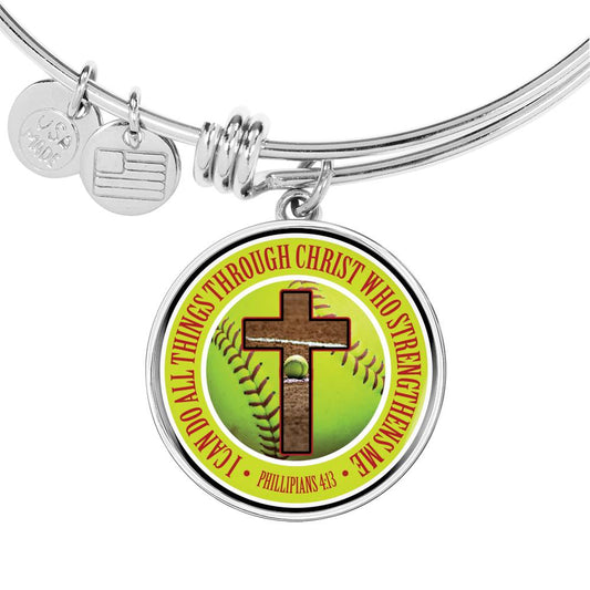 Softball - I Can Do All Things Through Christ - Circle Bangle Bracelet